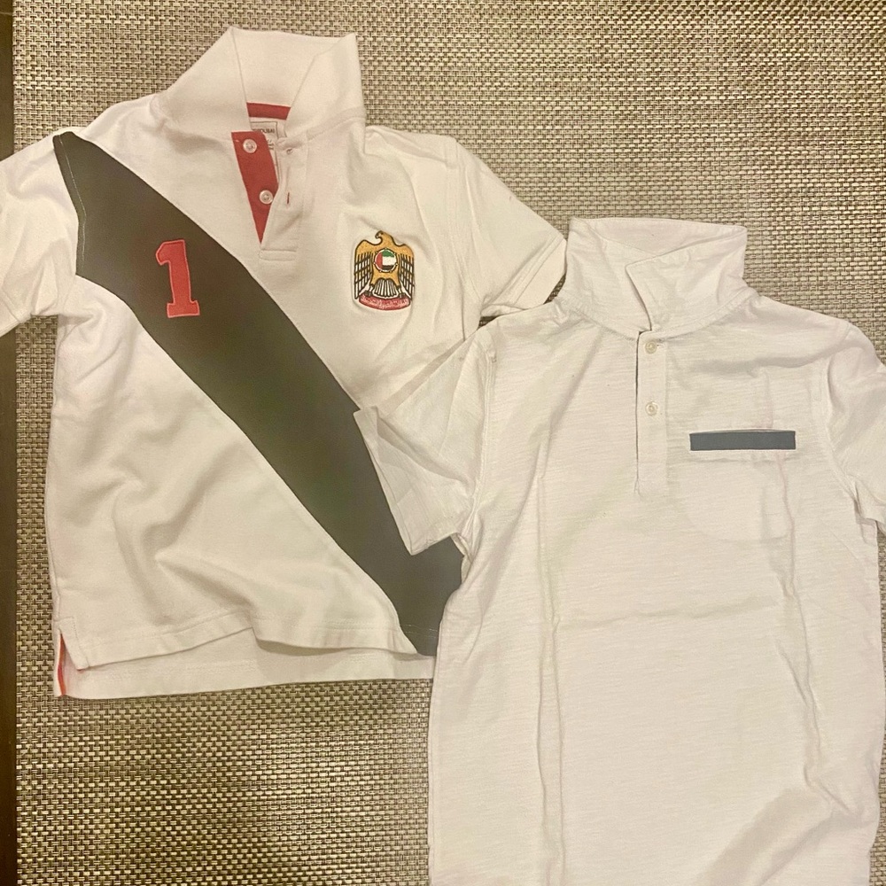 2 Dubai Souvenir Futbal Size Med White Kids Polo Shirts with Navy/Red Detail